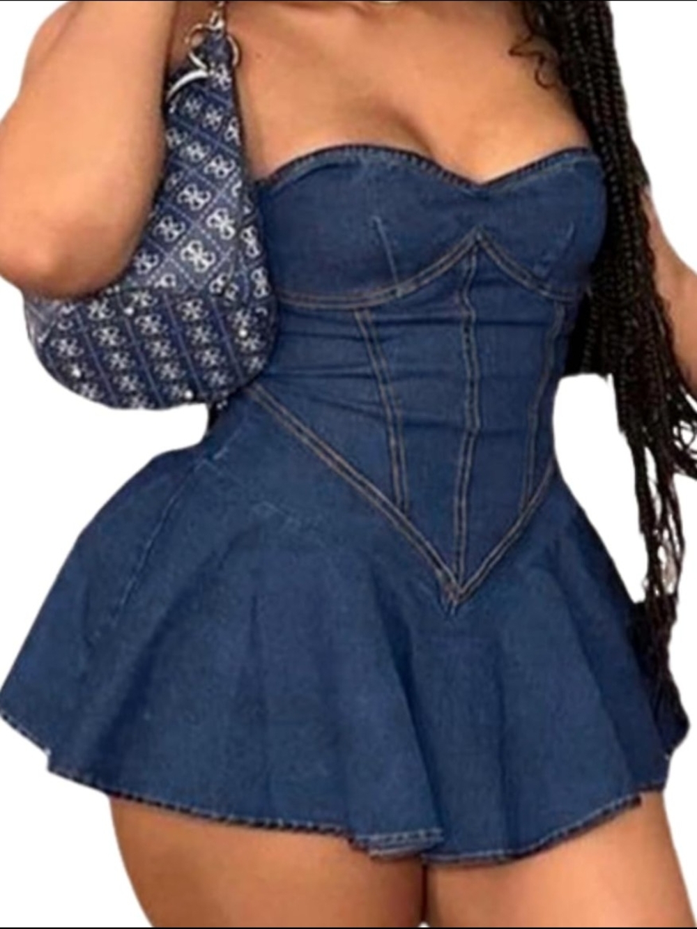 Denim Corset Skater Dress in Dark Blue